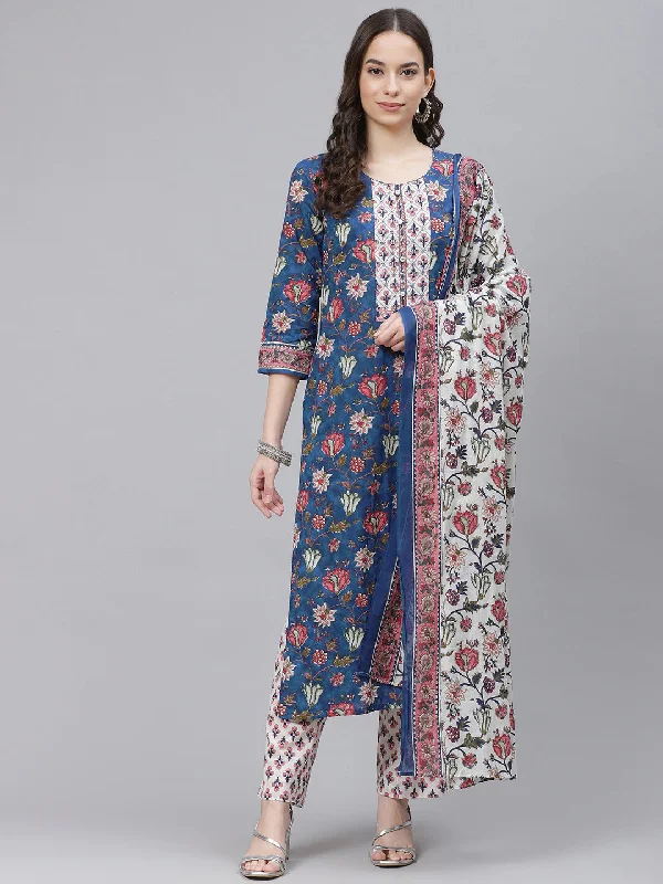 Women's Cotton Blend Printed Kurta Pant Dupatta Set - Ahika Fashionable Tapered Leg Pants