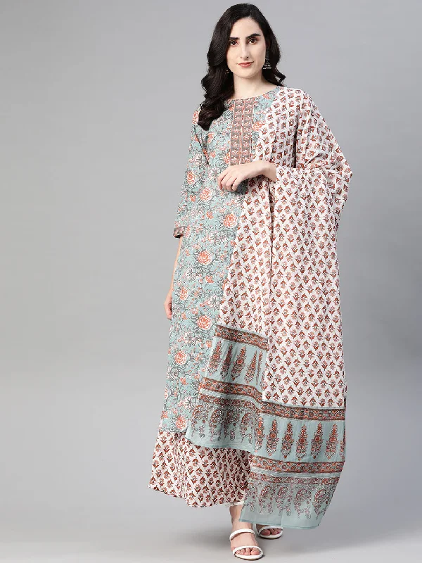 Women's Cotton Printed Kurta Pants And Dupatta Set - Ahika Stylish Harem Pants