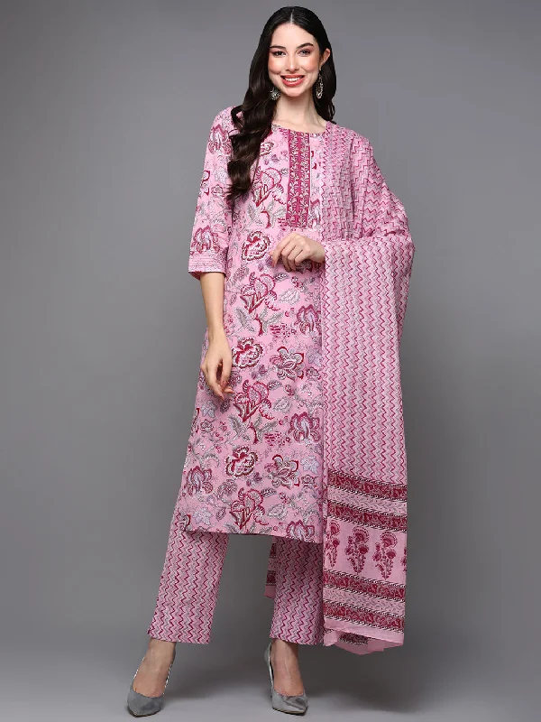 Women's Cotton Lavender Floral Printed Straight Kurta Pant With Dupatta - Ahika Soft Stretch Trousers