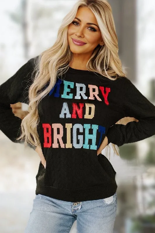 Quilted Merry and Bright Sweatshirt - Black Hoodie with Mock Neck Collared Structured