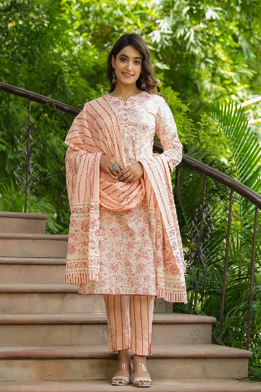 Women's Cotton Printed Kurta Pants And Dupatta Set - Ahika Classic Flared Pants