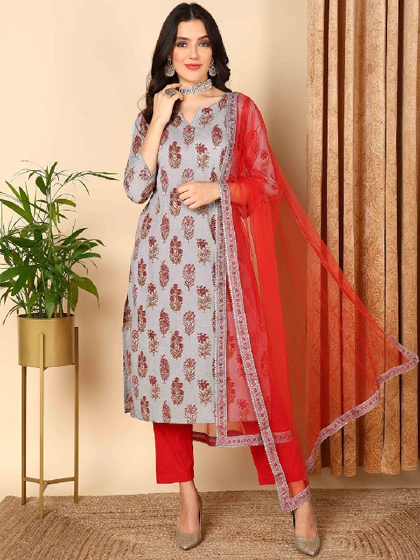 Women's Grey Pure Cotton Floral Printed Straight Kurta Pant With Dupatta - Ahika Casual Plaid Pants