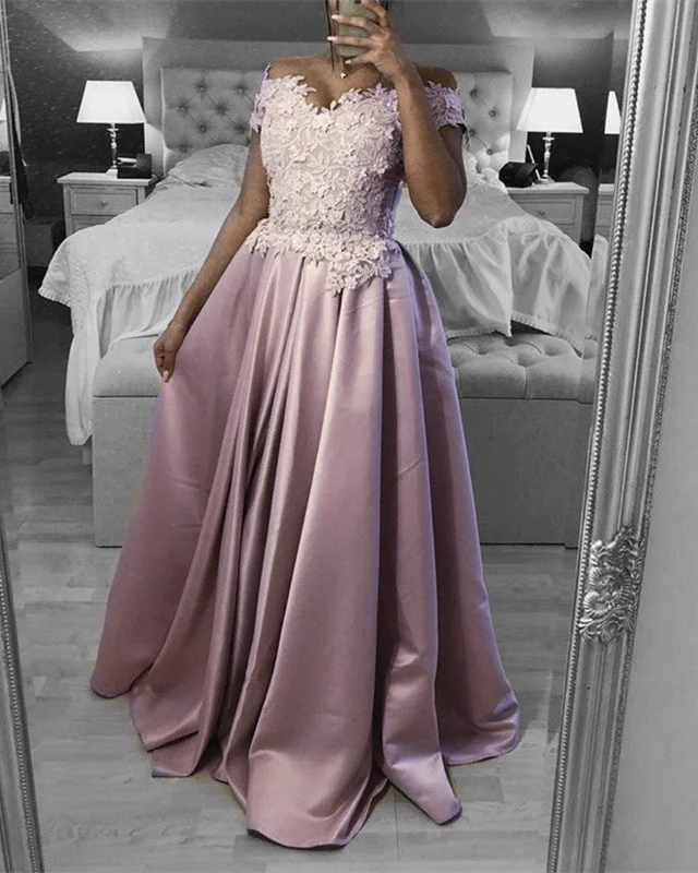 Satin Prom Long Dresses Lace Embroidery Off Shoulder Shift Classic Vintage