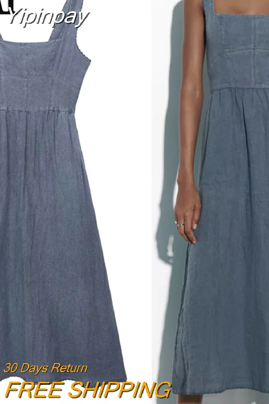 Yipinpay Grey Slip Long Dress Women Straps Midi Summer Dresses Woman 2023 Sleeveless Backless Female Dress Ruched Casual Dresses Tunics Favorite customer