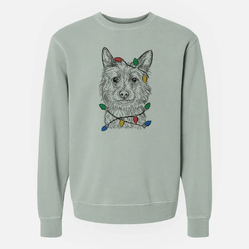 Christmas Lights Paulo the Portuguese Podengo - Unisex Pigment Dyed Crew Sweatshirt Hoodie with Typography Text Message
