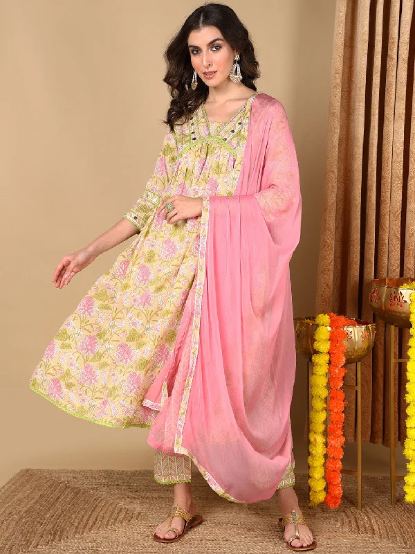 Women's Green Pure Cotton Floral Printed Kurta Pant With Dupatta  - Ahika Fashionable Button-Up Pants