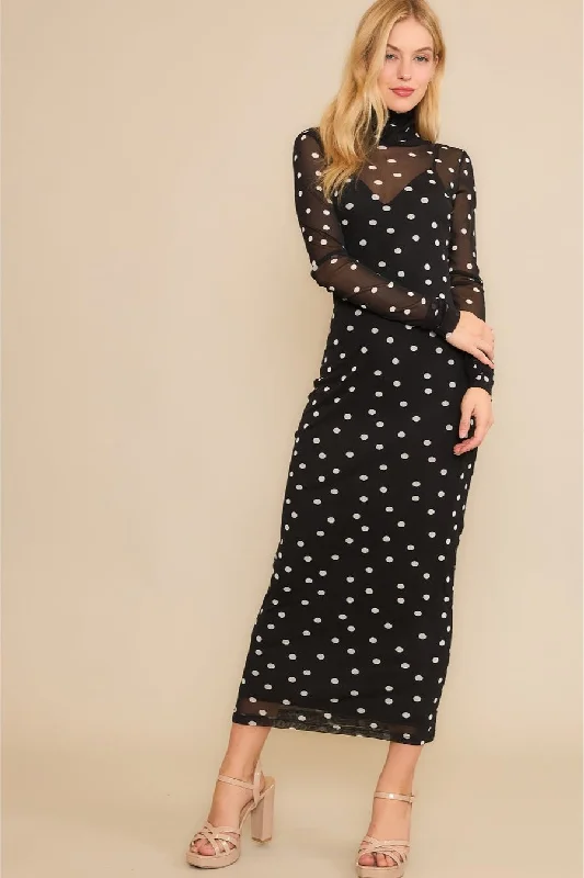 Black & White Polka Dot Mesh Mock Neck Dress Tunics Sophisticated sleek
