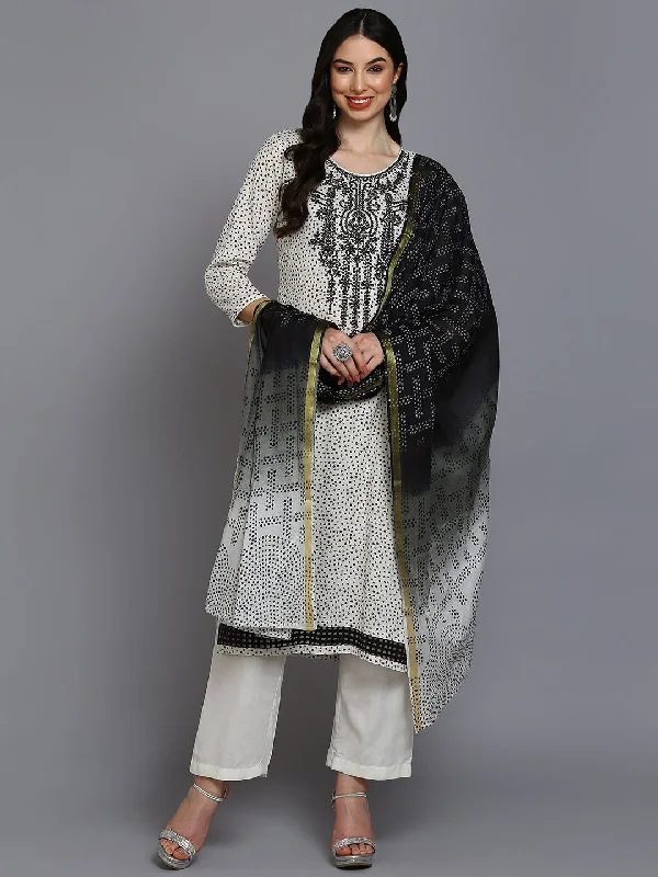 Women's Cotton Off White Embroidered Straight Kurta Pant With Dupatta - Ahika Lightweight Jogger Pants