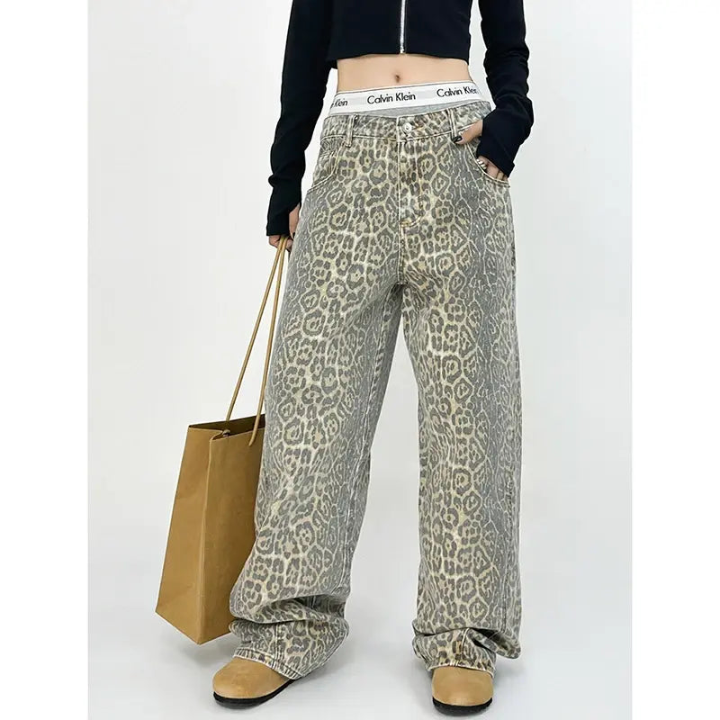 Leopard Print Wide Leg Pants For Women Lightweight Linen Pants