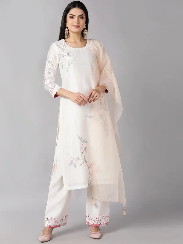 Women's Off White Floral Embroidered Pleated Thread Work Kurta With Pants With Dupatta - Ahika Comfy Athletic Pants