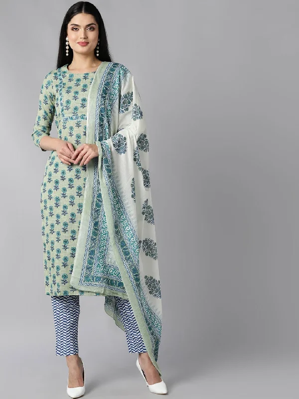 Women's Green Paisley Yoke Design Panelled Pure Cotton Kurta With Pants With Dupatta - Ahika Comfortable Cargo Pants