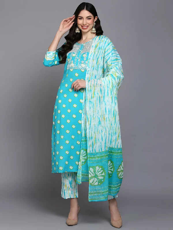 Women's Cotton Blue Bandhani Printed Straight Kurta Pant With Dupatta - Ahika Relaxed Casual Leggings