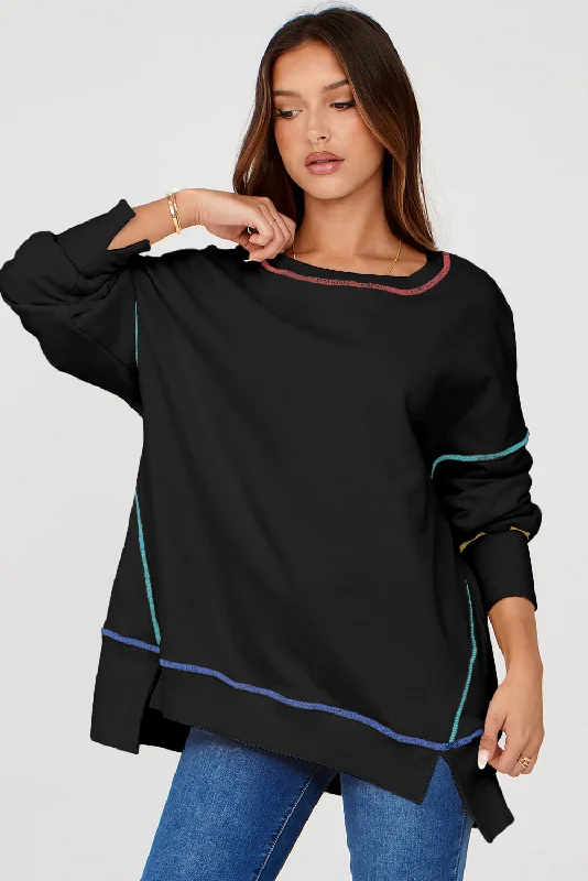 Neon Stitch Black Sweatshirt Hoodie with Hidden Zipper Minimalist Clean