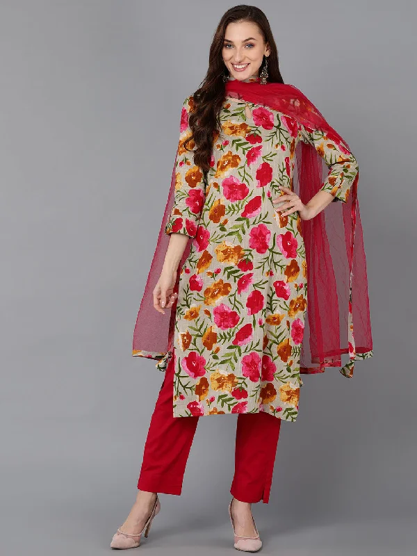 Women's Cotton Blend Floral Printed Kurta Pants With Dupatta - Ahika Fashionable Work Pants