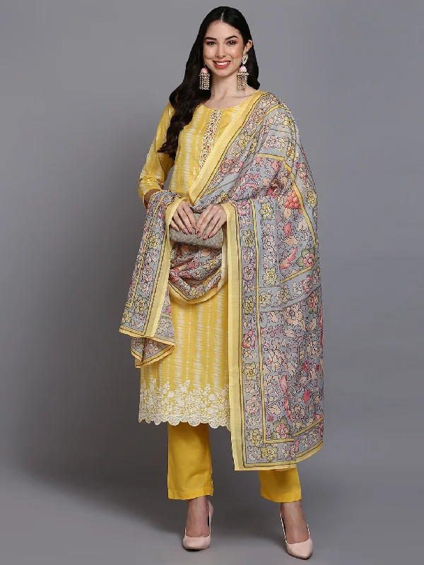 Women's Cotton Yellow Printed Straight Kurta Pant With Dupatta - Ahika High-Waist Trousers