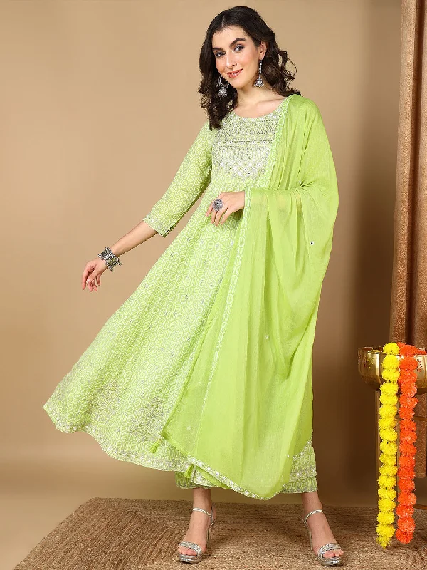 Women's Green Pure Cotton Geometric Printed Embroidered Kurta Pant With Dupatta  - Ahika Trendy Tapered Pants