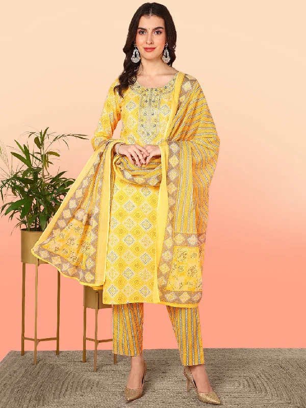 Women's Yellow Pure Cotton Geometric Printed Yoke Design Kurta Pant With Dupatta  - Ahika Relaxed Casual Leggings