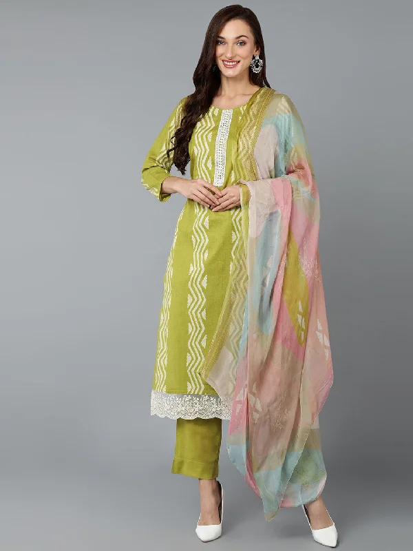 Women's Silk Blend Lemon Green Straight Kurta Pant With Dupatta - Ahika Fashionable Button-Up Pants
