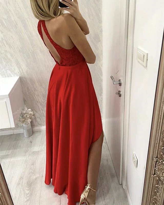 Asymmetric Prom Dresses Lace Halter Open Back Tunics Chic elegant
