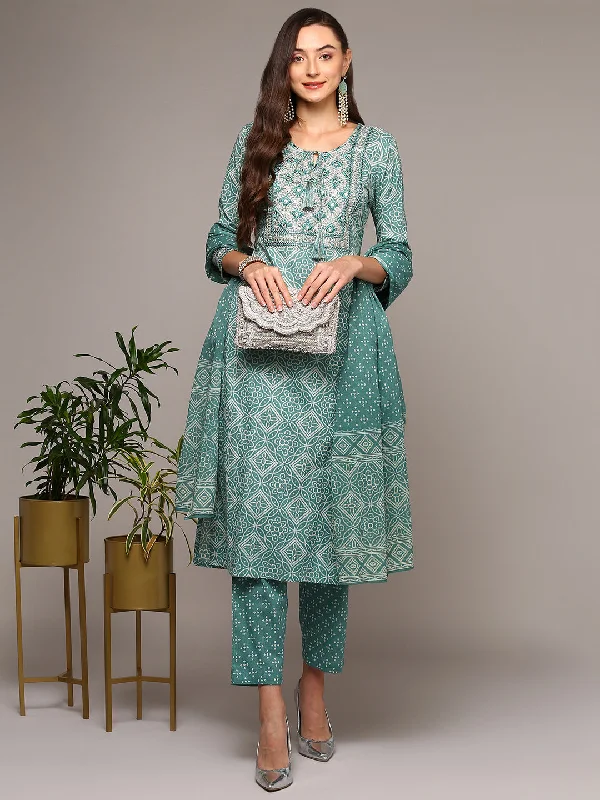 Women's Cotton Sea Green Printed Straight Kurta Pant With Dupatta - Ahika Slim-Fit Khaki Pants
