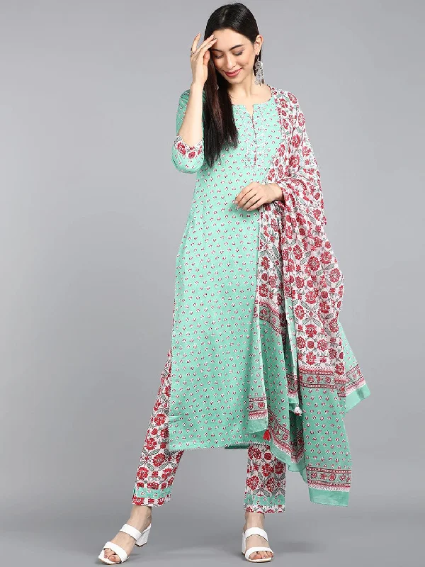 Women's Turquoise Blue Floral Printed Regular Pure Cotton Kurta With Pants With Dupatta - Ahika High-Waist Trousers
