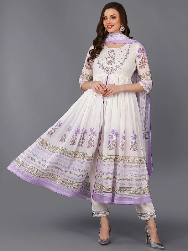 Women's Cotton Blend White Embroidered Flared Kurta Pant With Dupatta - Ahika Trendy Velvet Pants