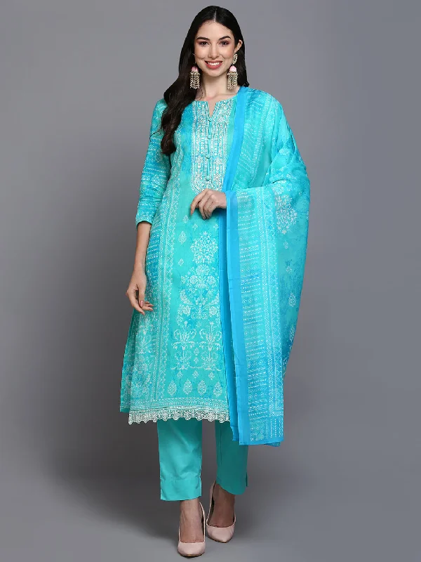 Women's Cotton Turquoise Blue Straight Kurta Pant With Dupatta - Ahika Comfy Zip-Up Pants