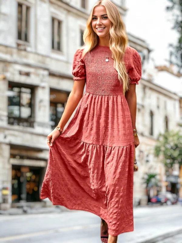 Shirred Puff Sleeve Textured Dress Tunics Mesh breathable