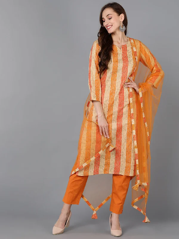 Women's Cotton Blend Checked Printed Kurta Pants With Dupatta - Ahika Cozy Knit Pants