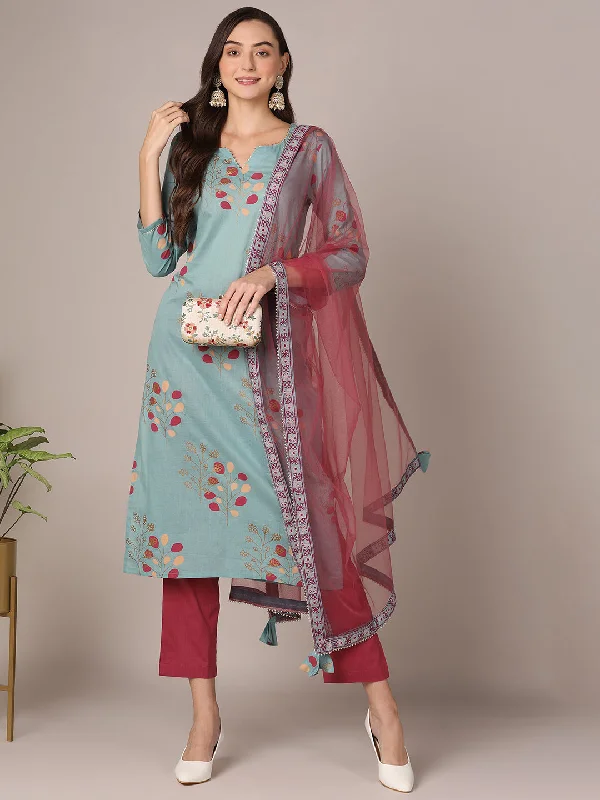 Women's Blue Pure Cotton Ethnic Motifs Printed Straight Kurta Pant With Dupatta - Ahika Casual Skinny Fit Pants