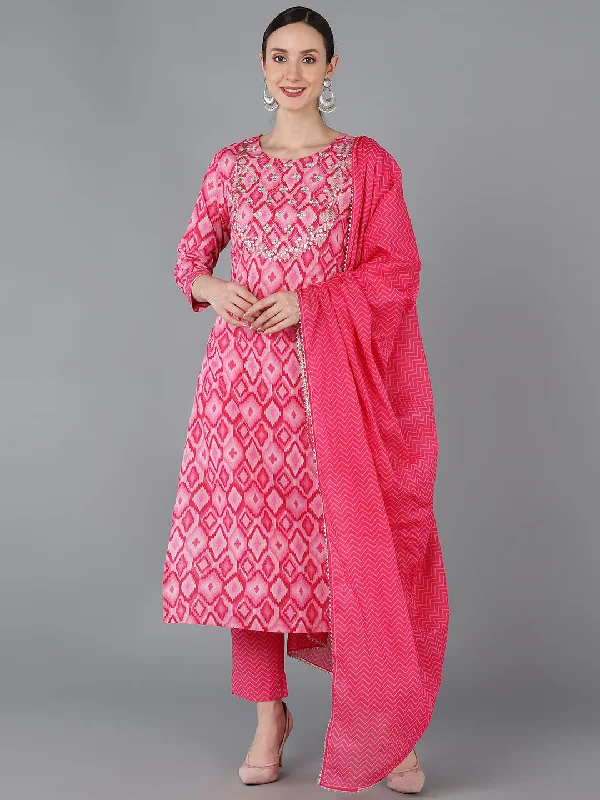 Women's Cotton Abstract Printed Kurta Pants With Dupatta - Ahika Classic Cropped Pants
