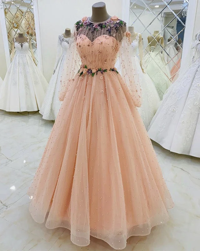 Long Sleeves Evening Dress Tulle Flowers Beaded Cowl Neckline Elegant