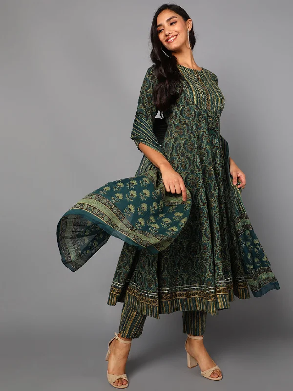 Women's Cotton Printed Kurta Pants Dupatta Set - Ahika Relaxed Lounge Trousers