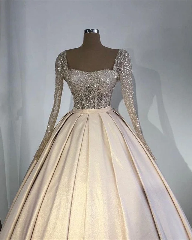 Glitter Sequins Long Sleeves Prom Ball Gown Satin Dresses Tunics Practical easy-care