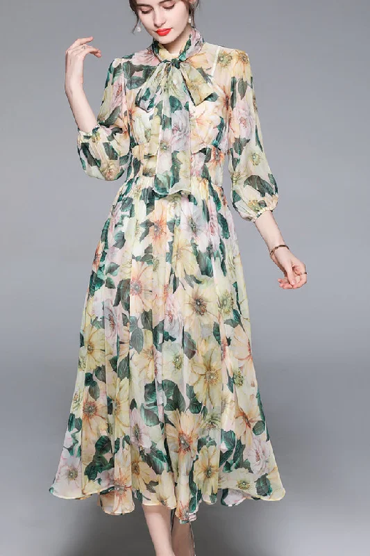 Long Sleeve Neck Bowknot Fit&Flare Dress -Yellow L in Clearance Tunics Prom sequined