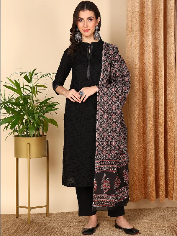 Women's Black Pure Cotton Solid Embroidered Kurta Pant With Dupatta  - Ahika Soft Stretch Trousers