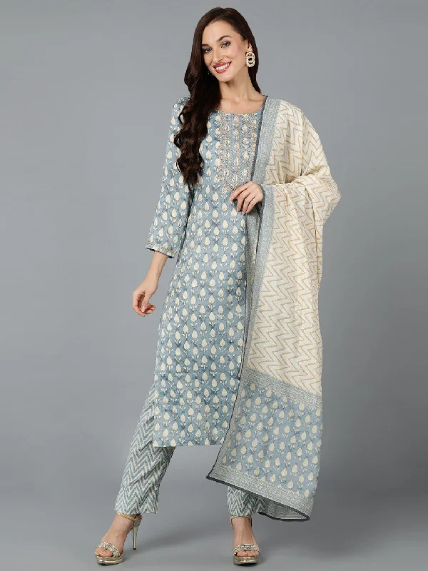 Women's Silk Blend Blue Embroidered Straight Kurta Pant With Dupatta - Ahika Slim Fit Casual Pants