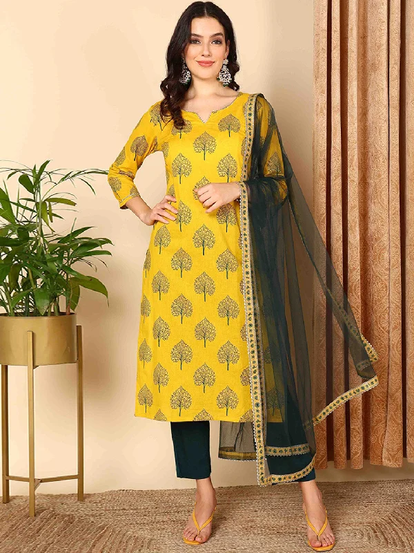 Women's Yellow Pure Cotton Ethnic Motifs Printed Straight Kurta Pant With Dupatta - Ahika Slim Fit Casual Pants