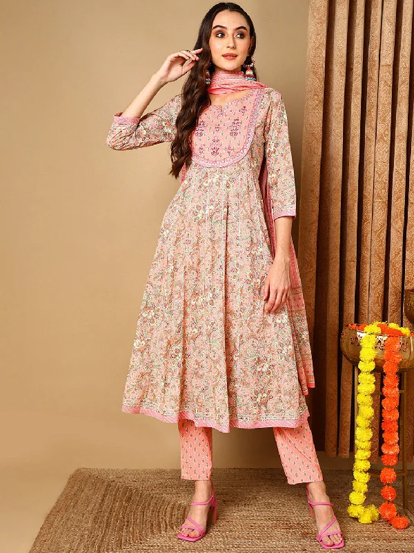 Women's Peach Pure Cotton Ethnic Motifs Printed Yoke Design Kurta Pant With Dupatta  - Ahika Casual Wide Pants