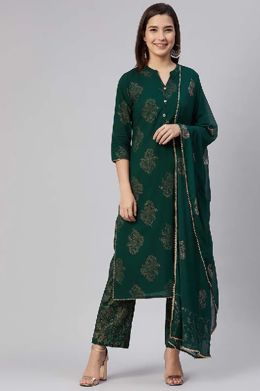 Women's Cotton Printed Kurta Pant Dupatta Set - Ahika Modern Stretch Trousers