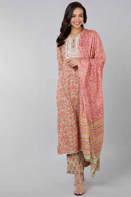 Women's Pure Cotton Printed Kurta Pants With Dupatta Set  - Ahika Cozy Jogger Leggings