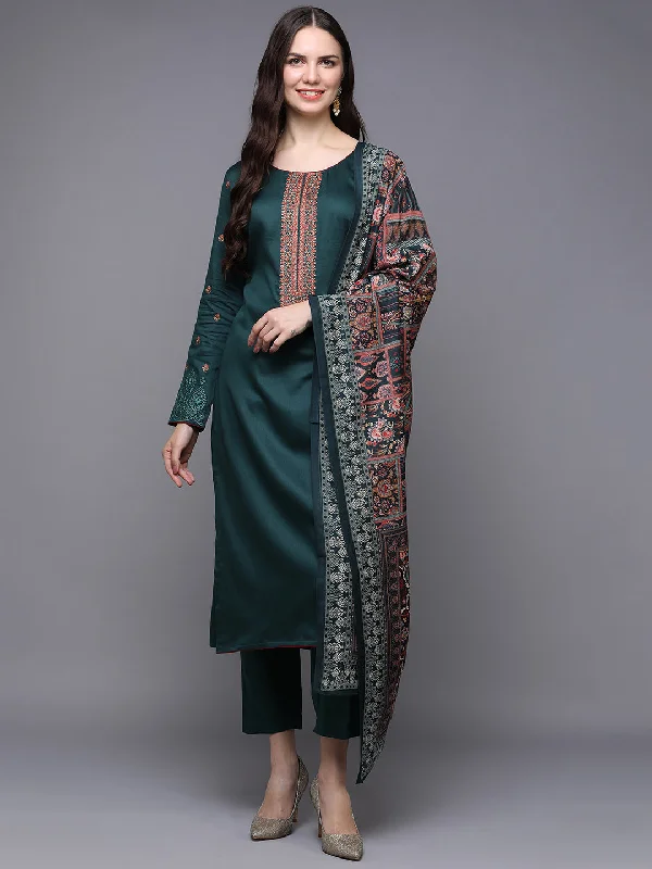 Women's Cotton Green Embroidered Straight Kurta Pant With Dupatta - Ahika Elegant Silk Pants