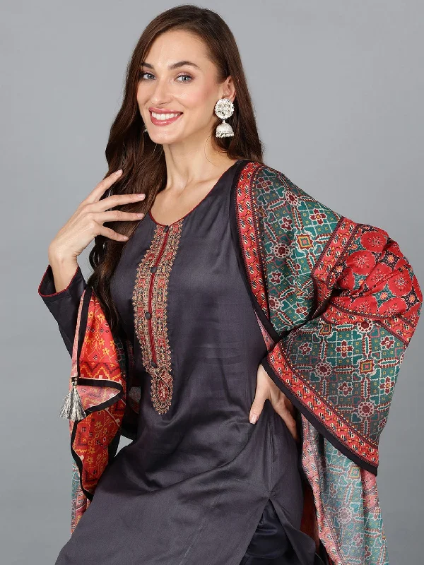 Women's Grey Cotton Blend Straight Kurta Pant With Dupatta - Ahika Cozy Lounge Pants