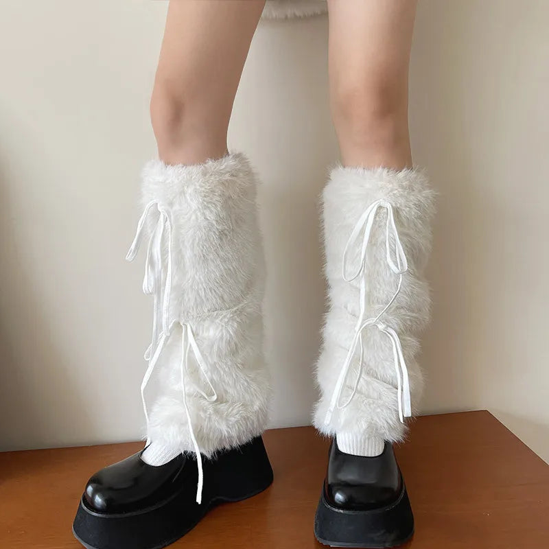 Sohiwoo JK White Bow Tie Leg Warmers Rabbit Fur Ball Winter Warm Thickened Plush Leggings Socks Cold Protective Y2k Boots Cover Socks Fashionable Seamless Leggings