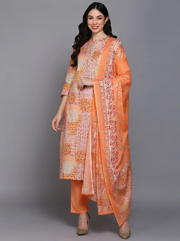 Women's Cotton Peach Printed Straight Kurta Pant With Dupatta - Ahika Comfortable Denim Trousers