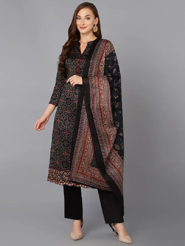 Women's Black Cotton Straight Kurta Pant With Dupatta - Ahika Comfortable Denim Pants