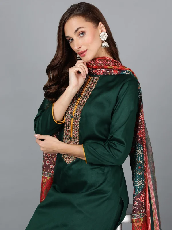 Women's Dark Green Cotton Blend Straight Kurta Pant With Dupatta - Ahika Trendy Wide-Leg Pants