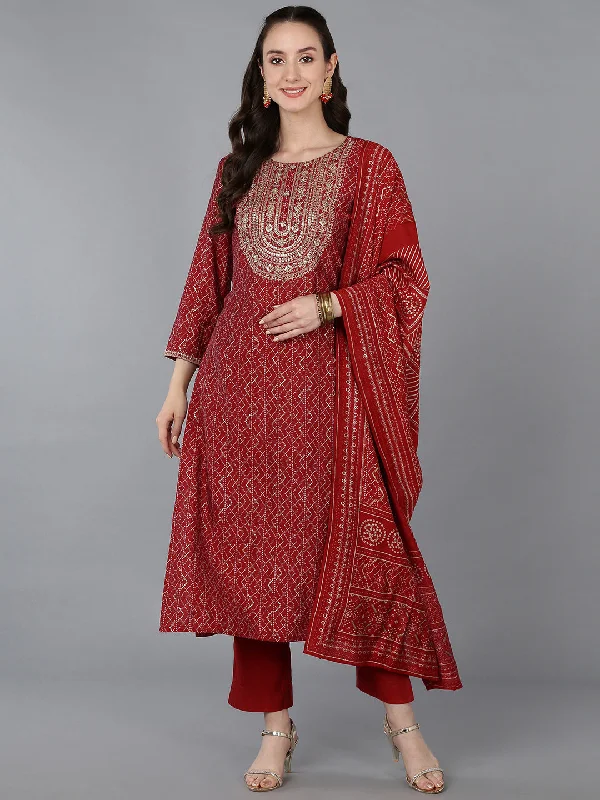 Women's Silk Blend Embroidered Bandhani Printed Kurta Pant With Dupatta - Ahika Casual Plaid Pants