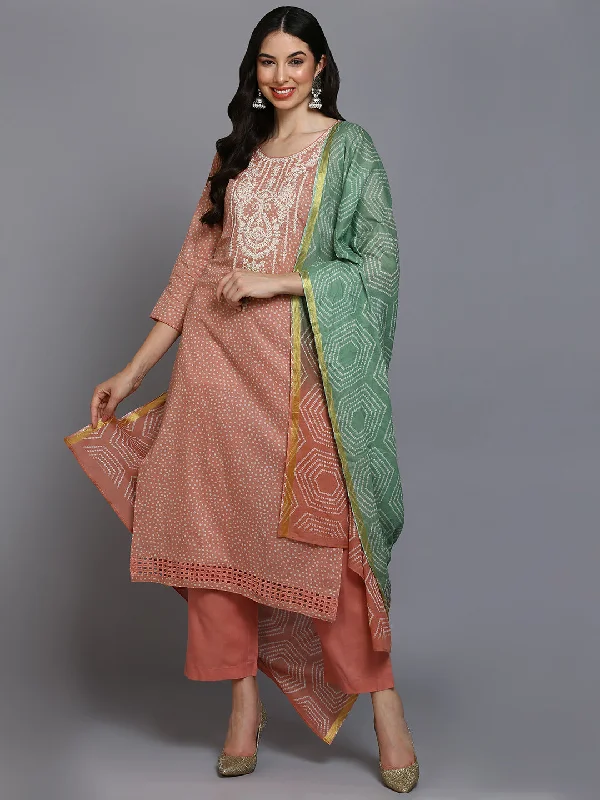 Women's Cotton Peach Bandhani Printed Straight Kurta Pant With Dupatta - Ahika Relaxed Lounge Trousers