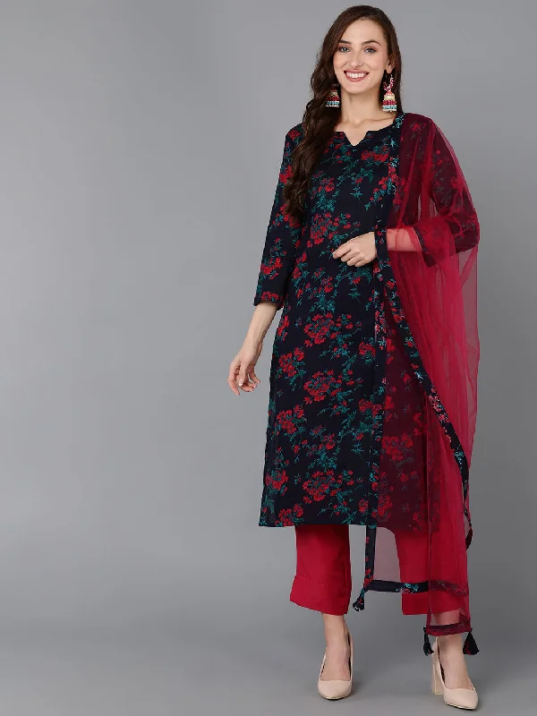 Women's Cotton Blend Floral Printed Kurta Pants With Dupatta - Ahika Stretch Fit Pants